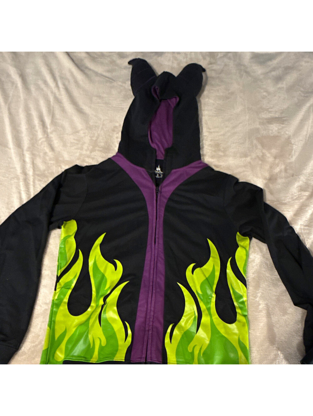 Disney Parks Maleficent Hooded Zip-Up Jacket L Black Purple Green Flame Graphic